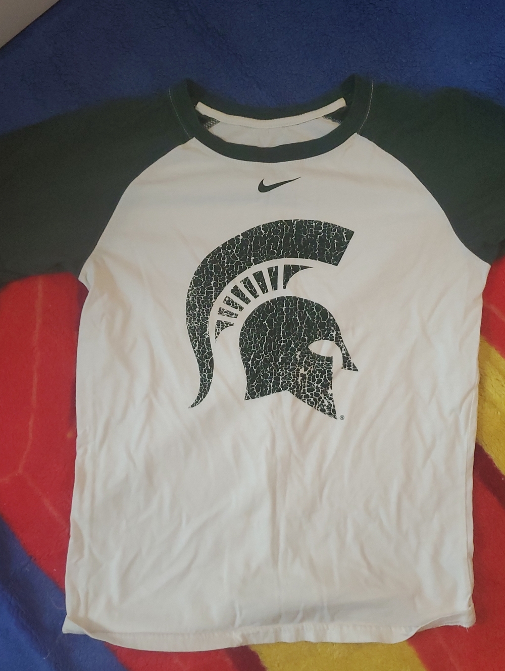 Spartan Michigan State Shirt Nike Kids White and Dark Green Raglan Spartans Tee